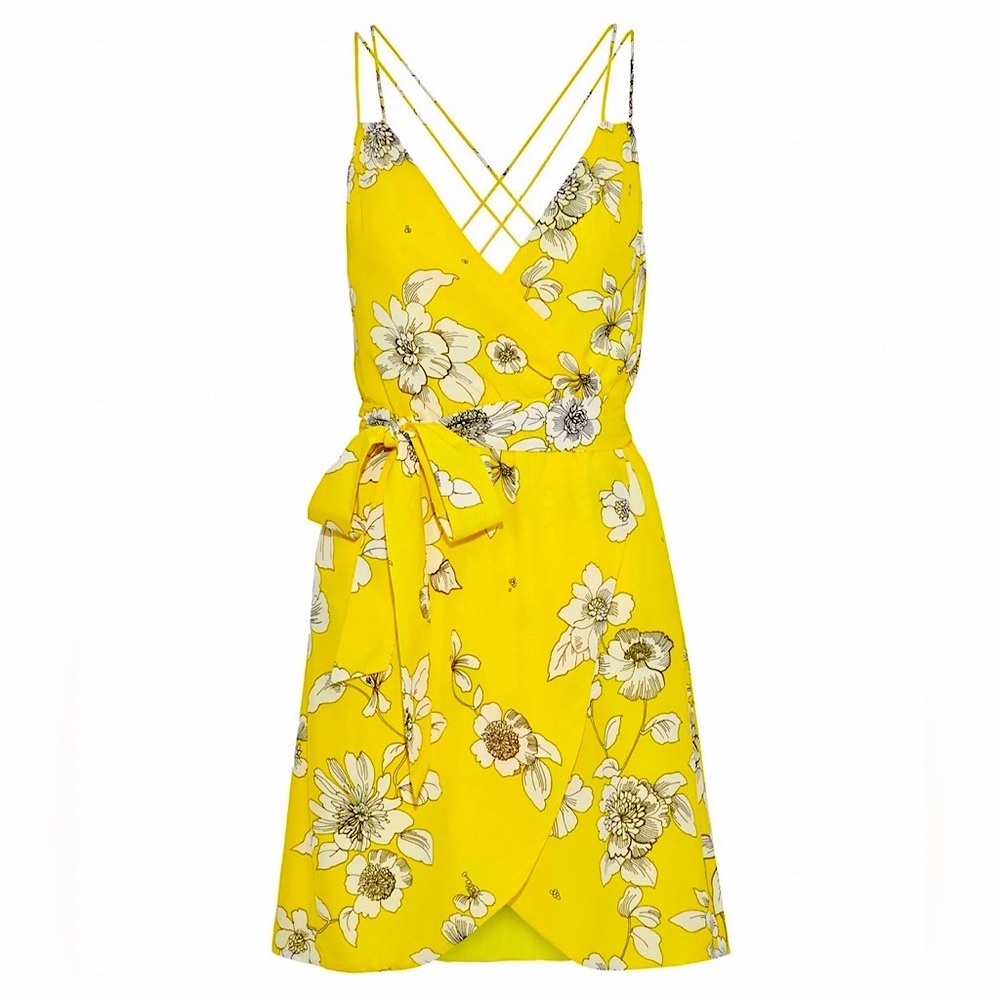 NWT Alice + Olivia Susana Yellow Floral Wrap Mini Dress Begonia Citrus Sz 10 - Picture 1 of 15
